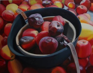 Külli Suitso - WAR IS OVER. HELMET WITH ROTTEN APPLES, oil on canvas 120x150 cm, 2016